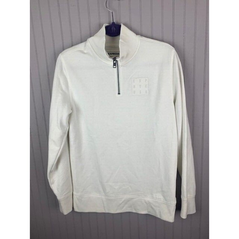 Express Size S Mens Sweatshirt White Mock Turtleneck 1/4 Zip Long Sleeve